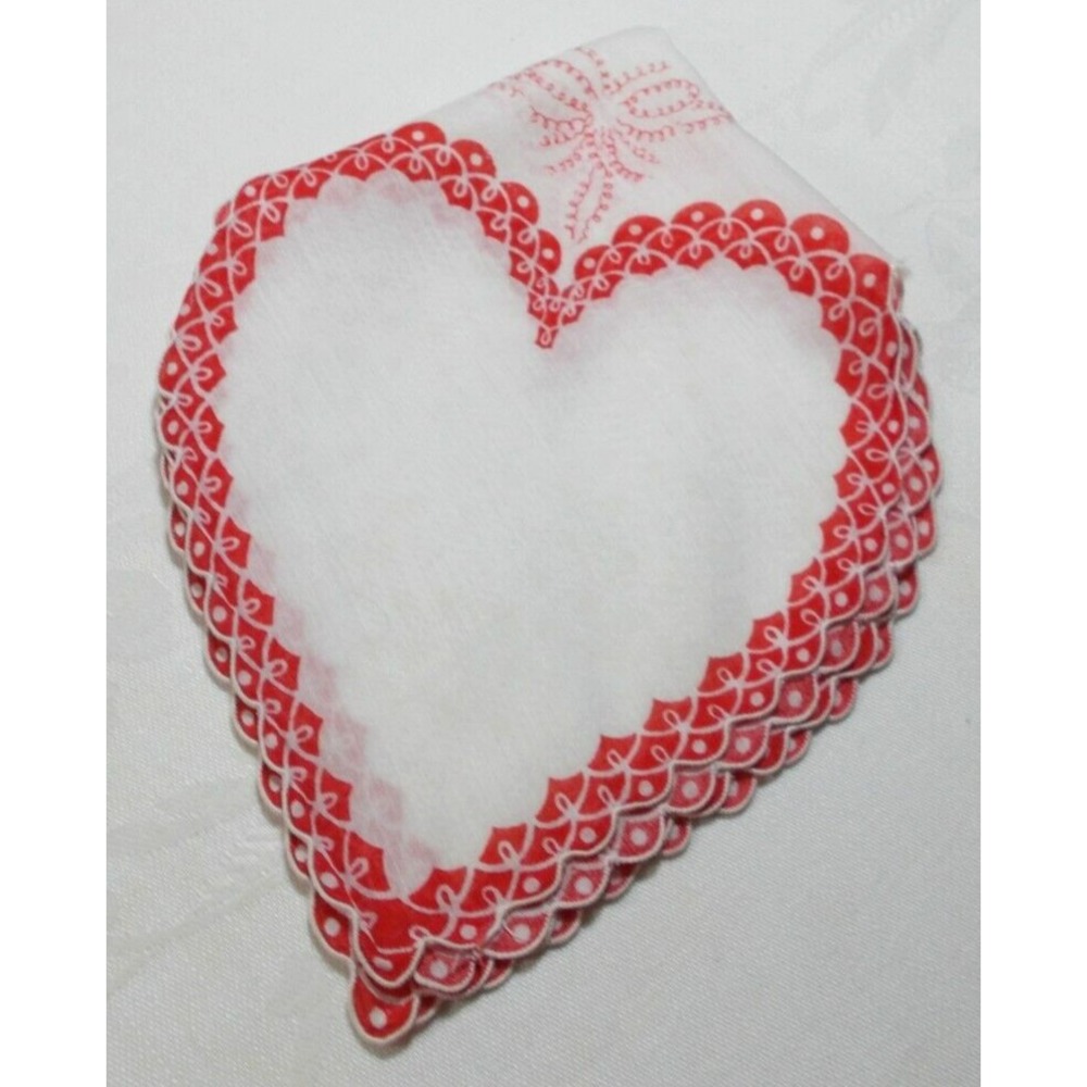 Vtg 13.5" Hankie red hearts Scalloped Edge / cut out